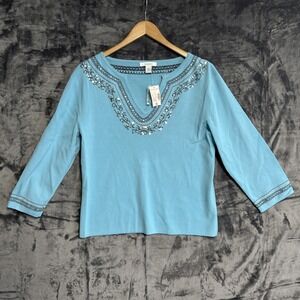 NWT Dress Barn Women's XL Blue Sequin Stretch Top 3/4 Sleeve Colorful Boho Chic